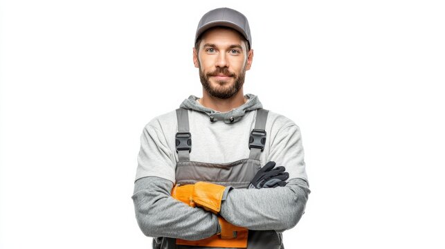 Professional gardener standing against white background, wearing work clothes, looking straight, photorealistic