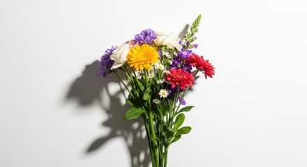 Obraz premium Vibrant bouquet of assorted flowers in various colors on white background with shadow