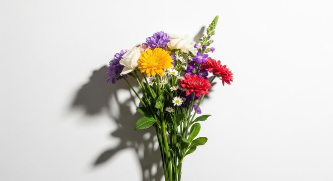 Vibrant bouquet of assorted flowers in various colors on white background with shadow