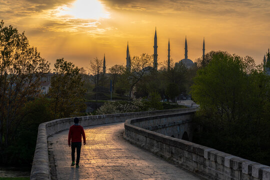 Edirne, one of the former capitals of the Ottoman Empire, with its four-minaret Selimiye Mosque, bridges and other mosques, photographed in the light of sunrise and sunset.
