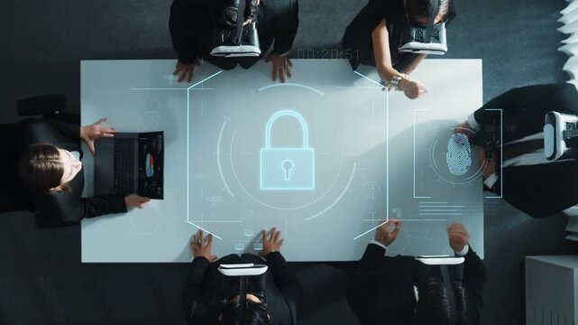 Aerial view of a modern business meeting featuring individuals using virtual reality technology, discussing security concepts and innovative strategies in a collaborative environment. Raster