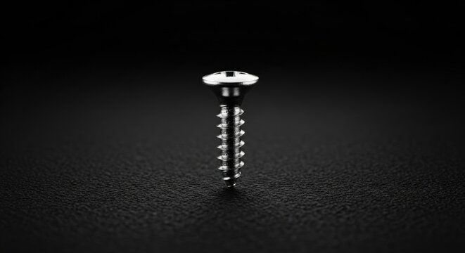 A shiny silver screw with a flat head on a dark background, ideal for construction and DIY projects requiring secure fastening solutions.