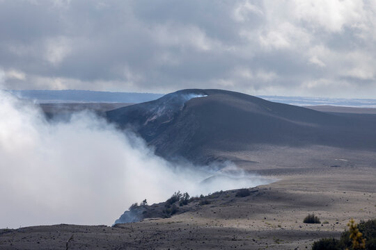 Smoke emitting from Kilauea volcano caldera in Hawaii Volcanoes National Park. 