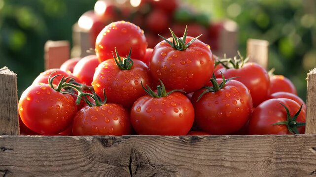 This features a wooden crate filled to the brim with an abundance of fresh, ripe tomatoes, set against a blurred backdrop of lush greenery in a garden. The vibrant red tomatoes are the star of the