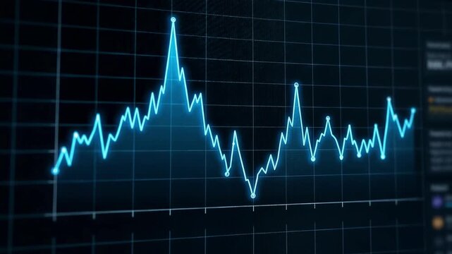 Focused view on an interactive credit stress monitoring screen showing a timeline with spikes and dips where the main graph is crisp and detailed against a blurred interface.