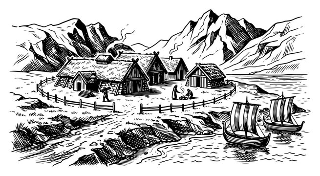 Viking coastal settlement with longhouses and ships near mountains in vintage engraving style