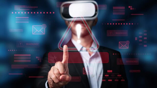 A focused man engages with a virtual reality headset, navigating through a digital interface that emphasizes security and data protection aspects effectively. Raster
