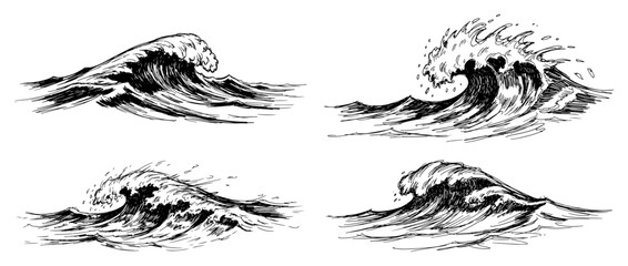 Ocean waves with water spray and sea foam in vintage hand drawn engraving style