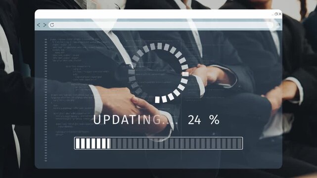 A professional audience engaged in a business presentation, with an overlay of a loading bar, symbolizing progress in digital transformation and innovation in corporate settings. Raster
