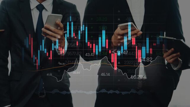 Business professionals are engaged in stock market analysis, examining charts and data on their devices to devise effective investment strategies in a modern office setting. Raster
