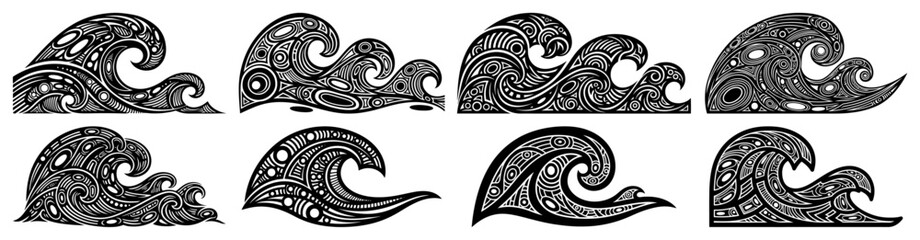 Fototapeta premium Ocean wave icons set featuring ethnic patterns and decorative water ripples