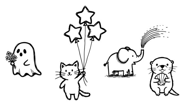 Whimsical characters including ghost cat elephant and otter line art style