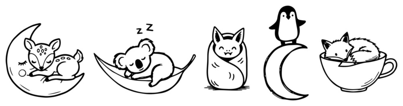 Sleeping baby animals on moon and in hammock minimalist line art