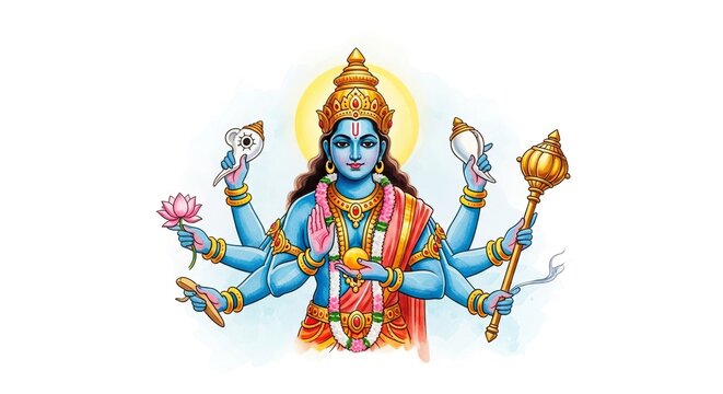 Artistic watercolor illustration of a four-armed divine figure with blue complexion, holding sacred objects amidst soft washes on white base, majestic, illustration, blue