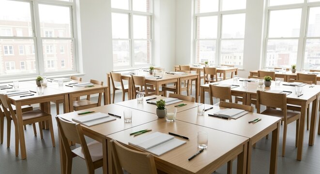 A brightly lit modern classroom features organized wooden desks arranged for a collaborative educational workshop with notebooks and pens, workshop, bright, pencils