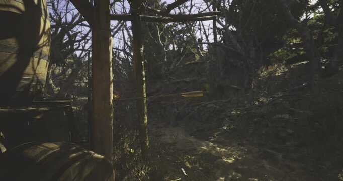 An archer takes aim in a dense forest during early morning light. Sunlight filters through branches, highlighting the arrow in flight towards a target unseen.