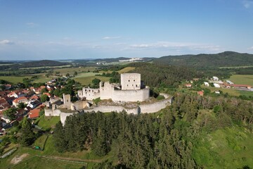 Rabi castle captured as aerial panorama historic medieval fortress landmark in Czech Republic countryside © Semi