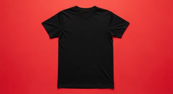 A clean black cotton t-shirt lies flat against a solid red backdrop, providing a minimalist template for custom apparel design projects, bright, texture, ecommerce