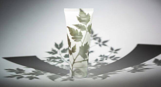 A clean white cosmetic tube stands elegantly on a solid surface, featuring artistic gobo lighting patterns casting soft leaf shadows, lotion, gel, shadow