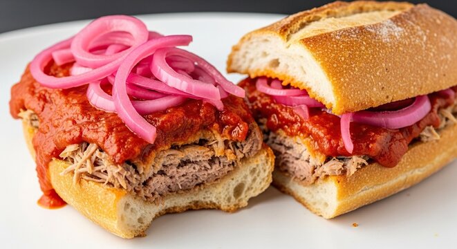 A close-up shot of a traditional pork sandwich soaked in spicy red tomato sauce, featuring crusty bread and vibrant pickled red onions, tasty, culinary, chili