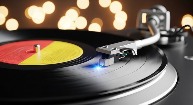 A close-up shot of a vintage vinyl record spinning on a turntable while the needle glides over the black surface with soft glowing bokeh light, classic, equipment, stylus