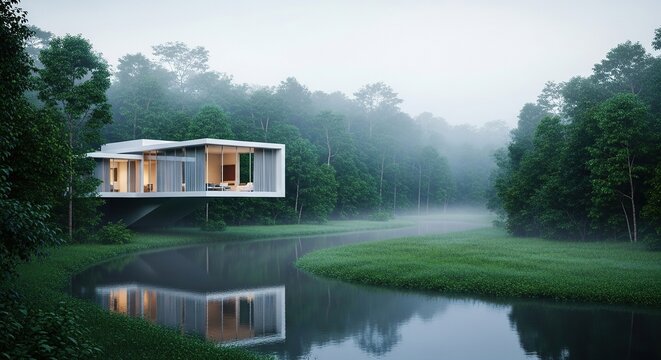 A contemporary glass residence sits cantilevered over a dense tropical jungle river as morning mist drifts through the lush green trees, peaceful, contemporary, dawn