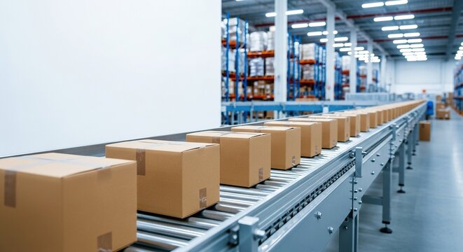 A continuous line of brown cardboard boxes moves along a metal conveyor belt in a vast, modern warehouse facility with bright lighting, shipping, delivery, transit