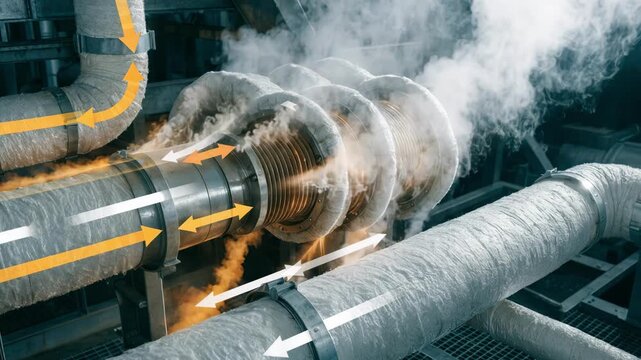 Medium shot of heat exchanger coils glowing with residual heat as steam flows illustrating efficient waste heat recovery from industrial ovens to preheat combustion air. Closeup