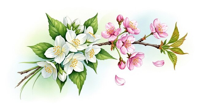 A delicate watercolor painting featuring a graceful cherry blossom branch intertwined with fragrant white jasmine flowers in a lush bouquet, spring, organic, hand-painted