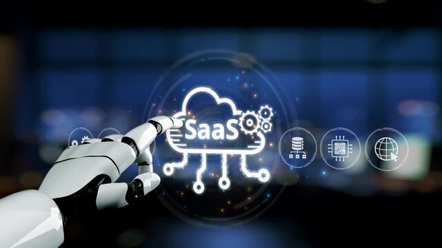 A futuristic robot hand engages with cloud technology icons representing SaaS, set against a blurred office background, symbolizing innovation in digital solutions. Synapse