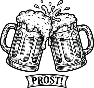 Cheers to good times two overflowing beer mugs in sketch style