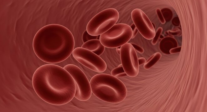 A detailed microscopic view of realistic red blood cells flowing through a vein, showcasing biconcave shapes and deep ruby red textures, biology, blood, flow