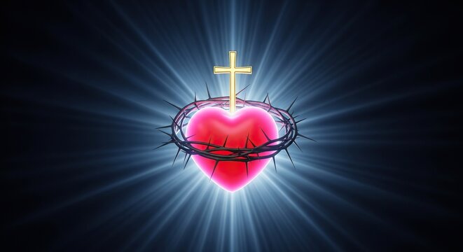 A divine glowing heart with a golden cross above it, encircled by thorns and releasing powerful beams of light into a dark spiritual void, theological, shining, purity