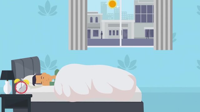 Person Sleeping Soundly Under White Blanket in Bedroom, Morning Sunlight Coming Through Window, 2D Flat Animation of Rest and Health