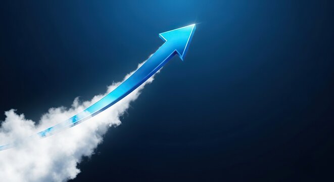 A dynamic blue arrow taking off like a rocket, leaving a trail of white clouds against a dark blue background, symbolizing business success, momentum, power, illustration