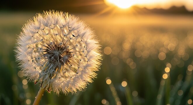 A fragile dandelion clock catches the warm golden rays of a rising sun, surrounded by a soft and ethereal bokeh of shimmering morning dew, background, dreamy, light