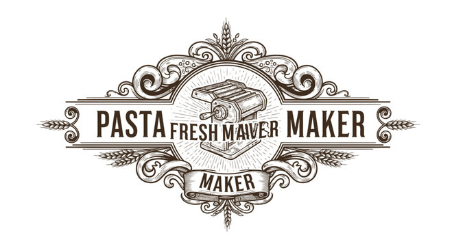 Vintage Pasta Maker Emblem with Wheat Stalks and Ornate Flourishes