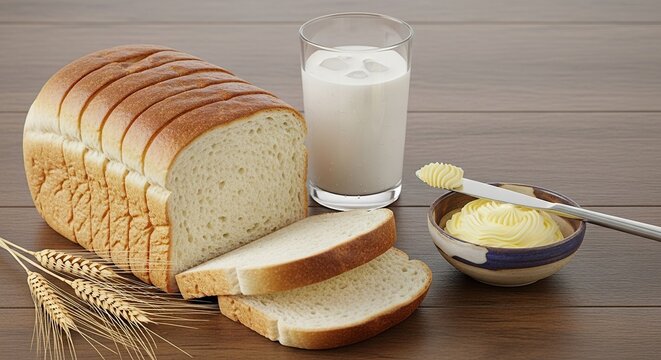 A fresh loaf of sliced white bread rests on a wooden table beside a glass of milk, creamy butter in a bowl, and natural golden spikelets, bowl, still life, staple
