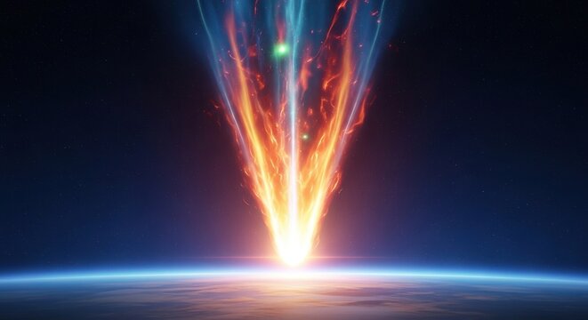 A glowing object hurtles through the upper atmosphere, creating a brilliant trail of fire and plasma as it descends towards the planet, science, temperature, reentry