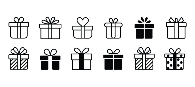 Set of twelve black and white gift box with various ribbon styles and patterns arranged in two rows on a white background