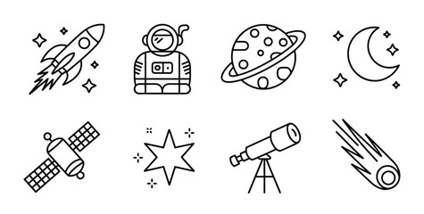 Set of eight black and white space themed featuring a rocket astronaut planet crescent moon satellite star telescope and a comet on a plain white background © Shuvo S