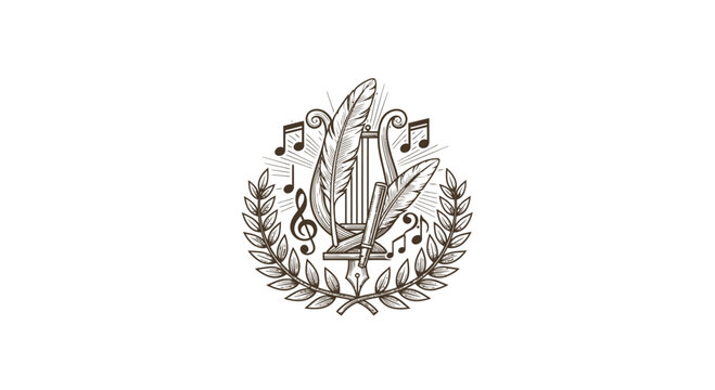 Vintage Engraved Musical Emblem with Lyre, Feathers, and Notes