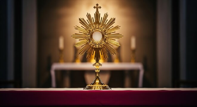 A magnificent gold monstrance sits on a sacred altar, its radiant sunburst design shimmering under the dim light of a peaceful sanctuary, glowing, decorative, ostensorium