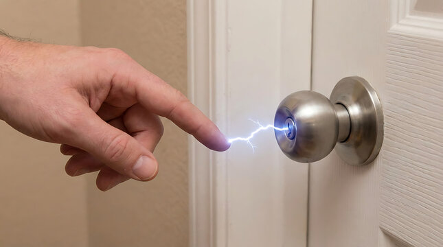 A hand touches a door handle with a spark of electricity