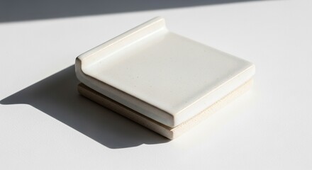 Fototapeta premium A minimalist ceramic corner lid coaster resting on a soft white backdrop with gentle shadows, highlighting elegant design and texture, light, backdrop, utility
