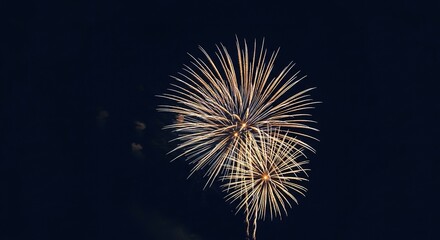 Fototapeta premium A minimalist dark blue background adorned with sophisticated shimmering golden and silver firework bursts, creating a beautiful elegant year end celebration, night, patterns, shimmer