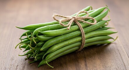 Fototapeta premium A neat bundle of crisp green beans tied with a rustic twine string, resting on a wooden surface, highlighting a fresh and natural diet, closeup, culinary, vegetarian