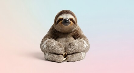 Fototapeta premium A peaceful sloth sits in a meditative pose with closed eyes against a soft pastel background under professional studio lighting for zen, wellness, simple, peaceful