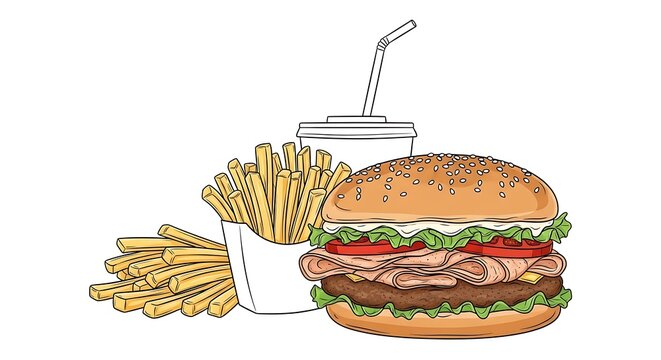 Delicious fast food combo with burger, fries, and drink illustration