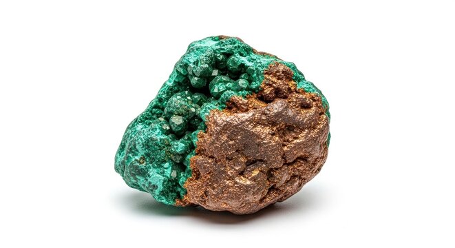A raw specimen of copper ore displaying natural green malachite and brown metallic textures, isolated on a clean white background studio shot, rugged, texture, raw